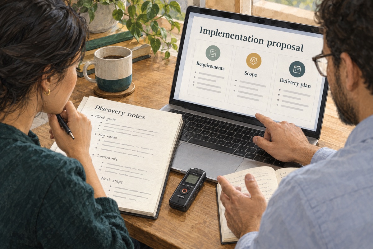Illustration: Two colleagues compare discovery notes and a recording with requirements, scope and a delivery plan on a laptop facing them.