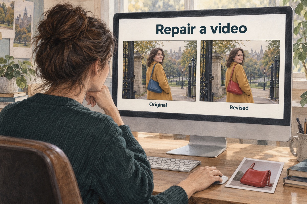 Illustration: A researcher compares two video frames where a bag changes from blue to the reference red while the person and scene remain consistent.