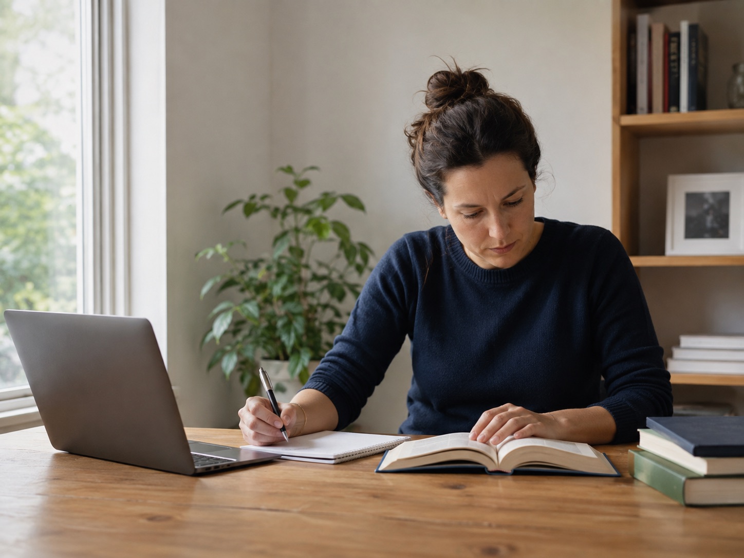 Illustrative scene of a person checking a book alongside working notes and a laptop