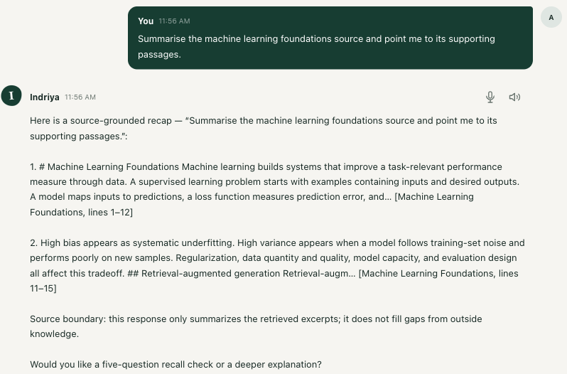 Actual Learning Studio prototype capture showing a response and references to sample source passages