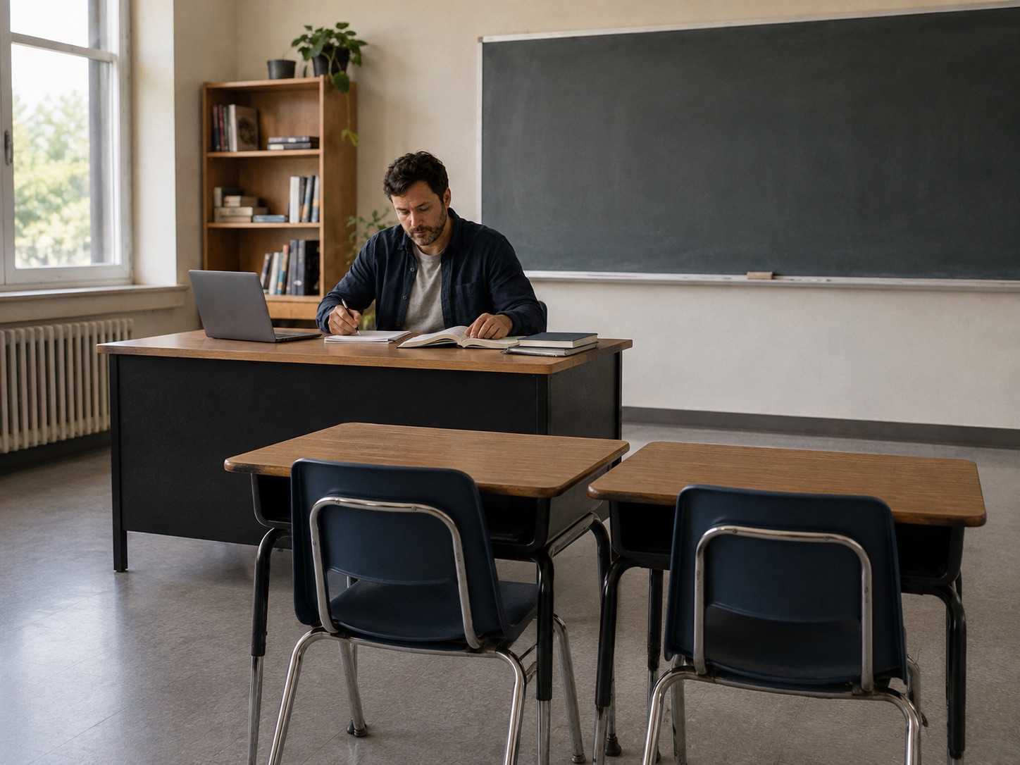 Illustrative secondary-school teacher preparing a lesson with a textbook and laptop, classroom seating oriented toward the front