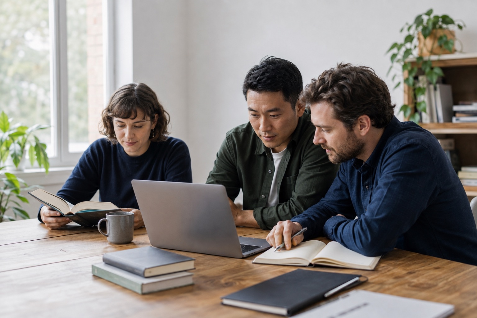 Illustrative scene of three people considering source material and notes together around a laptop